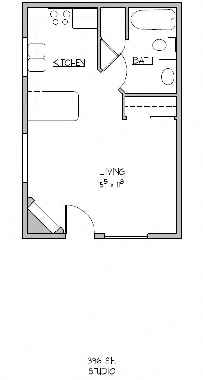 Floor plan for studio, 1 bath, 388 sqft